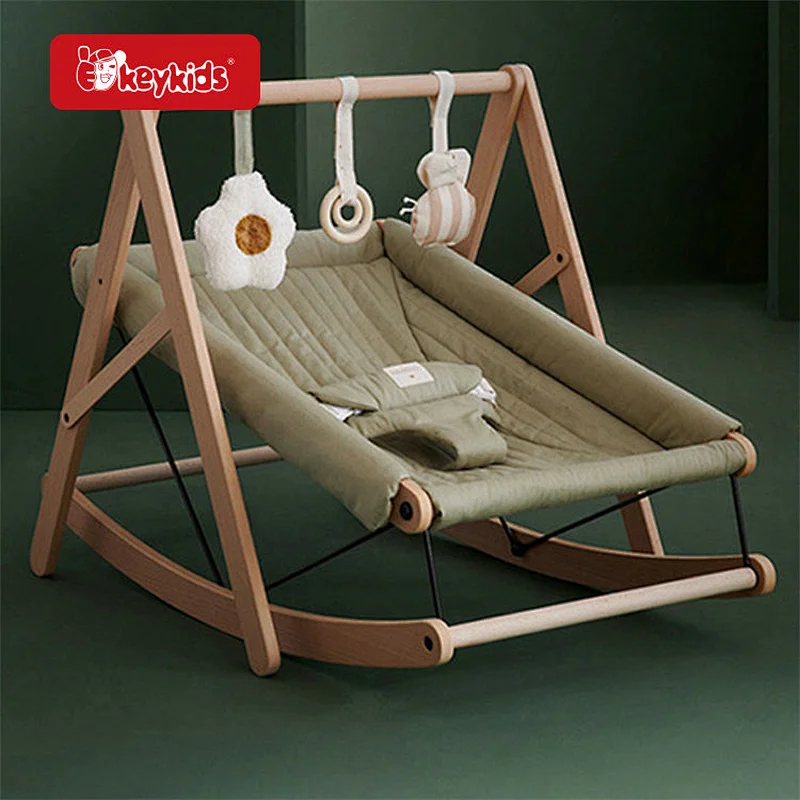 Natural Wooden Baby Rocking Chair Infants Bouncer Seat with Activity Gym W08G400